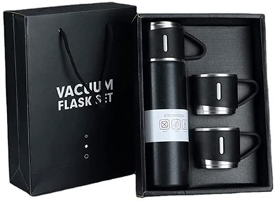 JYSR Stainless Steel Vacuum Flask Set with 3 Steel Cups Combo for Coffee 250 ml Flask(Pack of 1, Black, Steel)