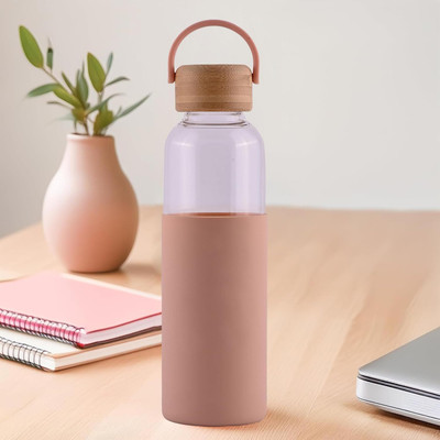 KUBER INDUSTRIES 550ml Glass Bottles for Fridge with Bamboo Lid, Silicon Sleeve & Handle|Peach 550 ml Bottle(Pack of 1, Pink, Glass)