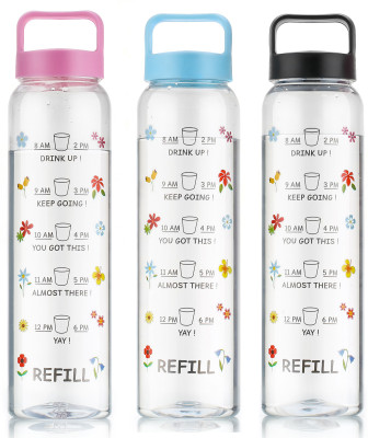 2Mech Motivational Time Marker Glass Water Bottle with Multicolor Husk Lid 1000 ml Bottle(Pack of 3, Multicolor, Plastic)