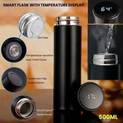 Kloud-Mounten LED Indicator Display Hot & Cool Double Wall Temperature Water Bottle PT783 500 ml Flask(Pack of 1, Black, Aluminium, Steel)