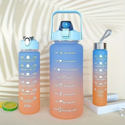 SHYAMA JU Transparent Motivational 3pc Water Bottles With Time Marker, Straw & Handle 2000 ml Bottle(Pack of 1, Multicolor, Plastic)