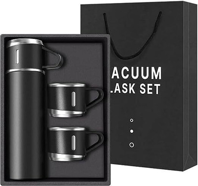 Modshell Thermo Vacuum Insulated Bottle Water Flask Gift set with Two Cup 500 ml Flask(Pack of 1, Black, Steel)