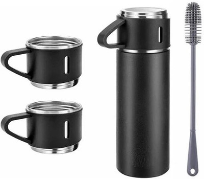 ICONIX Vacuum Flask set 3Cup set for Hot & Cold Drink BPA Free Black with Silicon Brush 500 ml Flask(Pack of 2, Multicolor, Steel)