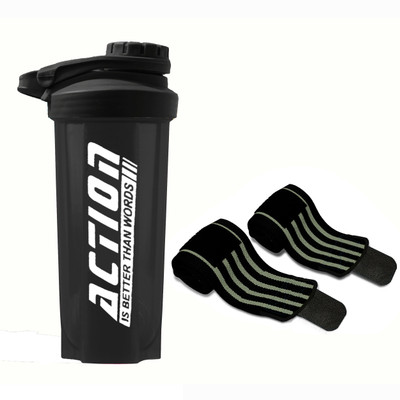 TRUE INDIAN Combo Of Gym Protein Shaker 700ml Bottle & Wrist Band With Thumb Loop Straps 700 ml Shaker(Pack of 2, Black, Tritan)
