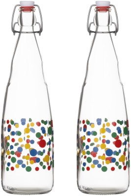 Sand Dune Polka Dots Printed clip top cap water bottle with flip top cap Leak-Proof 1000 ml Bottle(Pack of 2, Clear, Blue, Red, Glass)