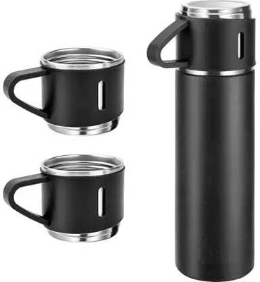 RBM Vacuum Insulated Bottle Water Flask Gift Set with 3 Cups Hot & Cold 500 ml Flask 500 ml Flask(Pack of 1, Black, Steel)