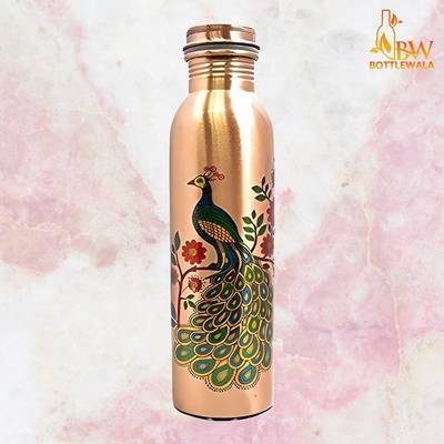 bottlewala Peacock Printed 100% Copper Bottle 1Ltr Rust Free, Leak Proof and Joint Less 1000 ml Bottle