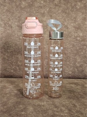 TRENDLER 2 IN 1 Motivational Water Bottle Set with Time Markers, 1000 ml Bottle(Pack of 1, Pink, Plastic)