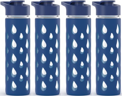 Rioware Quicksip Borosilicate Glass Water Bottle for Fridge,Home,Office & Gym 550 ml Bottle(Pack of 4, Blue, Glass, Silicone)