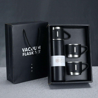 Global SmartStore Vacuum Insulated Flask set 3Cup set for Hot & Cold Drink Thermos Giftset 500 ml Flask(Pack of 1, Black, Steel)