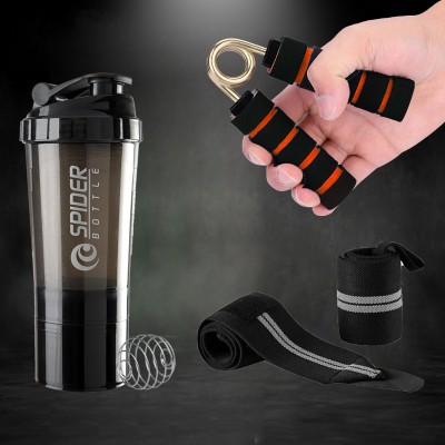 TRUE INDIAN Sports Combo Of Protein Shaker Bottle With Wrist Support Band Gym & Fitness Kit. 500 ml Shaker(Pack of 3, Black, Plastic)