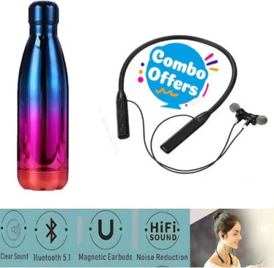 Red-sunset Combo Offer Rainbow Double Wall Bottle Magnetic Neckband Bluetooth Headphones 500 ml Bottle(Pack of 1, Pink, Blue, Multicolor, Steel)