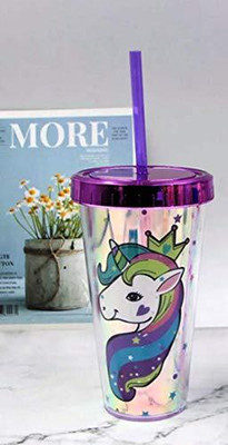 EMERGE Unicorn Design Drinking Tumbler Cup with Lid and Straw 450 ml Bottle(Pack of 1, Grey, Plastic)