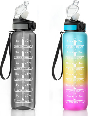 PAYABLE Water Bottle with Straw Time Marker Motivational Bottles 1000 ml Bottle 1000 ml Sipper(Pack of 2, Multicolor, Plastic)