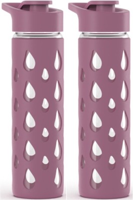 Rioware Quicksip Borosilicate Glass Water Bottle for Fridge,Home,Office & Gym 550 ml Bottle(Pack of 2, Purple, Glass, Silicone)