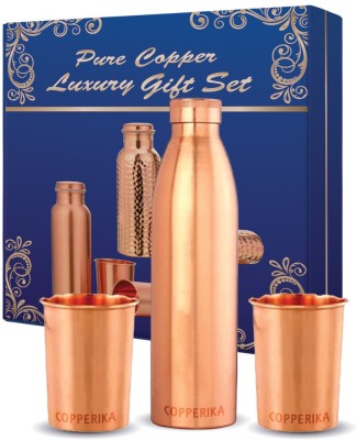 Copperika Diwali Gift Set Classic Water Bottle With 2 Glass Original With Ayurvedic 1550 ml Bottle With Drinking Glass(Pack of 3, Copper, Copper)