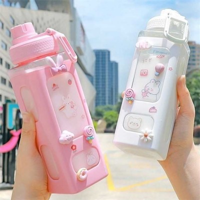 VedExpo Kawaii Water Bottle with Straw Strap Cute Large Water Bottles 700 ml (Set of 1) 700 ml Bottle(Pack of 1, Pink, White, Plastic)