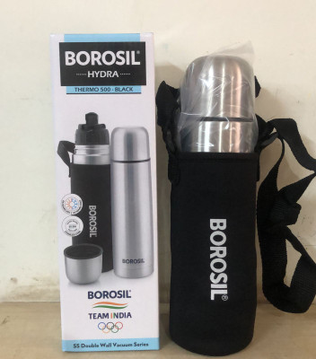 BOROSIL HYDRA BLACK 500ML BOTTLE 500 ml Flask(Pack of 1, Silver, Steel)