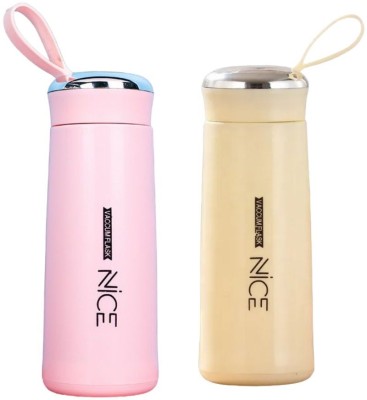 WALOUR Nice pink blue glass water bottle set of 2 400 ml Bottle(Pack of 2, Pink, White, Glass)