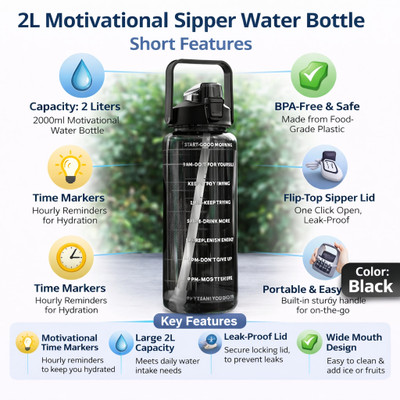 Optimus Pack of 1 2 Litre Motivational Gym Water Bottle with Time Marker,Straw,Leakproof 2000 ml Bottle Plastic