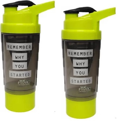 FitPro 500 ml Plastic Shaker(Pack of 2, Black)
