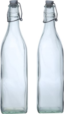 CDI Square Inox Cap Transparent Water Bottle Set Of 2 1000 ml Bottle(Pack of 2, White, Glass)