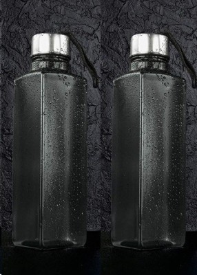 Unik Mart SQUARE SHAPE WATER BOTTLE SET WITH PREMIUM STAINLESS STEEL CAP 1000 ml Bottle(Pack of 2, Black, PET)
