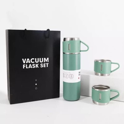 MOBONE Stainless Steel Vacuum Flask with 3 set of Steel Cup Combo 500 ml Flask(Pack of 3, Green, Plastic)