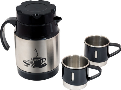 BREEZE Stainless Steel Insulated Flask Set (1 flask 350 ml and 2 cups 125 ml each) 350 ml Bottle With Drinking Glass(Pack of 1, Black, Steel)