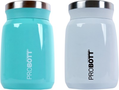 PROBOTT Gourmet 300ml Vacuum Insulated Flask Jar | Soup, Dal, Sambar Flask | Thermos 300 ml Flask(Pack of 2, Blue, White, Steel)