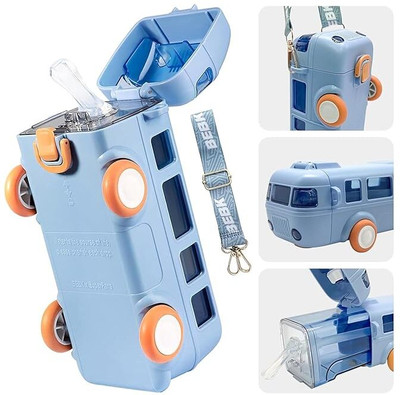 The Asquare Store Bus Water Bottle for Kids with Silicon Nozzle and Straw (Set of 1 Blue - 500ml) 500 ml Bottle(Pack of 0, Blue, Plastic)