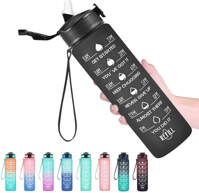 Frabble8 Water Bottle with Motivational Time Markers - Sipper Sports Bottle 1 litre 1000 ml Bottle(Pack of 1, Black, Tritan)