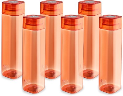 cello H2O Squaremate Plastic Water Bottle, 1-Liter, Set of 6, Orange 1000 ml Bottle(Pack of 6, Orange, Plastic)