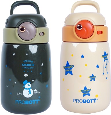 PROBOTT Cool Kid 360ml Stainless Steel Hot & Cold Sipper Water Bottle for Kids 360 ml Sipper(Pack of 2, Green, Orange, Steel)