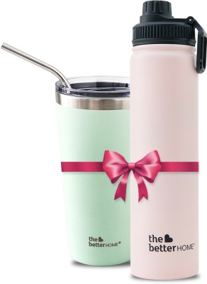 The Better Home Insulated Gift Set | Insulated Bottle, Insulated Tumbler with Straw 700 ml Bottle(Pack of 2, Pink, Steel)