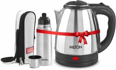 MILTON Go Electric Stainless Steel Kettle, 1.5 Litres and Flip Lid Bottle, 350 ml Flask(Pack of 2, Silver, Steel)