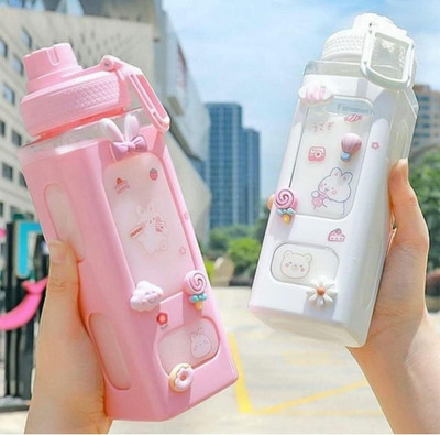 TWINKLE PARADISE Kawaii Water Bottle with Straw and Sticker Square Drinking Bottle 600 ml Bottle(Pack of 1, Multicolor, Plastic)