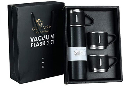 eTrack Stainless Steel Vacuum Flask with 3 set of Cup Combo 500 ml Bottle(Pack of 1, Black, Plastic)
