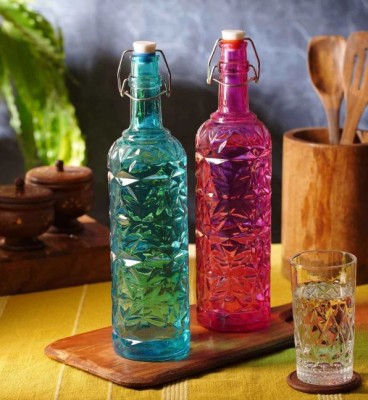 CDI Multicolor Floral 1 Ltr Glass 1000 ml Bottle(Pack of 2, Purple, Blue, Glass)
