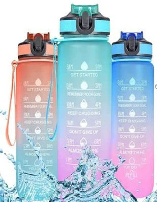 Zubix Unbreakable Motivational Water Sipper Bottle With Straw and Time Markings 1000 ml Bottle(Pack of 2, Multicolor, Silicone, Plastic)