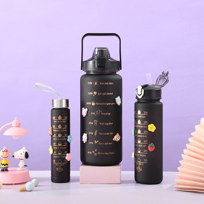 Dobzla Set of 3 Black Motivational Bottle-Leakproof, Time Marked, Reusable & Durable 3000 ml Sipper(Pack of 3, Black, Silicone)