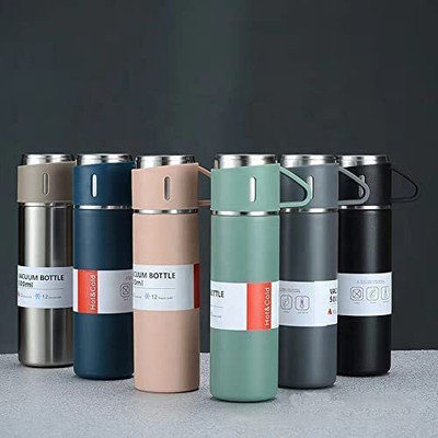 Atipriya Multicolor Vacuum Insulated Bottle Water Flask with Two Cups 500 ml Flask(Pack of 1, Multicolor, Steel)