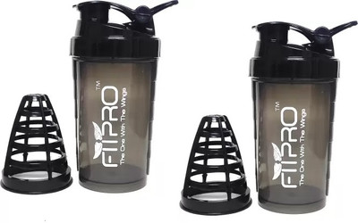 FitPro 500 ml Plastic Shaker(Pack of 2, Black)