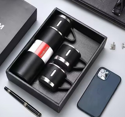 gropuon Vacuum Flask Set with 2 Cups, Insulated Double Wall Thermal Flask with Hot&Cold 500 ml Flask(Pack of 1, Black, Steel)