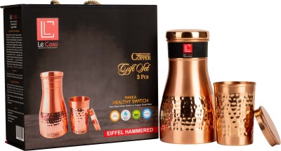 Le Casa Eiffel Hammered Water Bottle Set With 1 Glass 350ML & 1 Lid |ISO Certified Set | 1000 ml Bottle With Drinking Glass(Pack of 3, Copper, Copper)