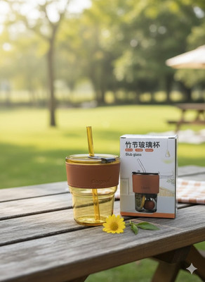 HOME TECH WORLD 450 ml Glass Sipper(Pack of 1, Yellow, Brown)