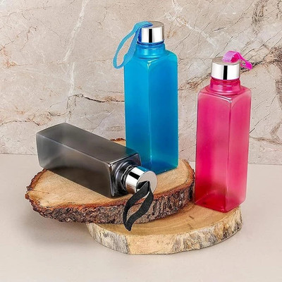 Actilife Square Plastic Water Bottle Set with Metallic Cap & Carry Loop – Pack of 6 1000 ml Bottle(Pack of 6, Multicolor, Plastic)
