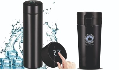 GREATZON ENTERPRISE LED temperature water bottle 500ml &Vacuum Stainless Steel Tea Coffee Mug 400 ml 500 ml Bottle(Pack of 2, Black, Steel)