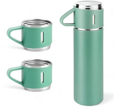 brothers enterprise Stainless Steel Double Wall Vacuum Thermos Water Bottle with 2 Cups 500 ml Bottle(Pack of 1, Green, Steel)