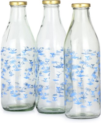 AFAST Blue Tree Glass Water/Milk Bottle, Airtight Metal Cap, 1000ML, Pack Of 3 1000 ml Bottle(Pack of 3, Clear, Glass)